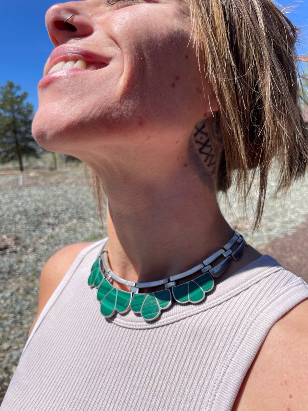 Vintage sterling silver heavy mexico malachite 925 necklace - Picture 2 of 12